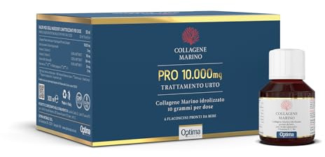 Collagene Marino Pro 10.000 Mg - Trattamento Urto - 10 g di collagene per dose - con acido ialuronico e vitamine E, C e B6-6 flaconcini pronti da bere da 50ml Optima Naturals