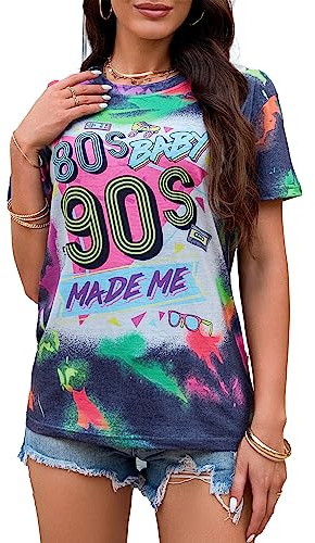 T-Shirt 80s Baby 90s Made Me pour Femmes Style Vintage Batik des Années 90 Chemises Décontractées Rétro des Années 80 Hauts De Nostalgie (Bleu-90,S)