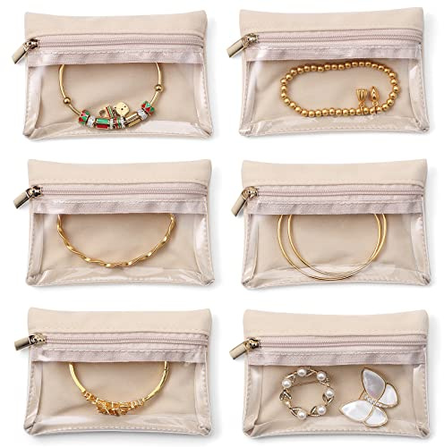 Vlando 2024 Bolsa de joyería de viaje, bolsa de joyería pequeña, bolsa de terciopelo transparente con cremallera, bolsas de organza, estuche de joyas para mujeres, niñas, regalo, 6 unidades