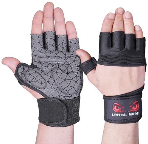 LETHAL MODE Gym Gloves for Men & Women – Weight Lifting, CrossFit, Workout & Cycling Gloves Long Wrist Wrap – Fingerless Grip Gloves Enhanced Performance and Hand Protection (D6, M)