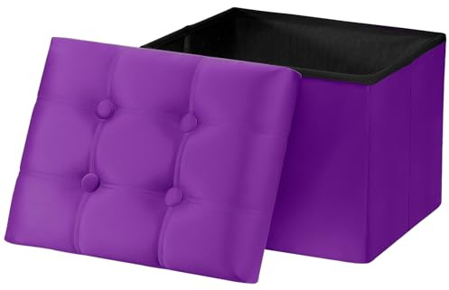 AmasSmile Storage Ottoman Foot Rest Stool, 17 inch Velvet Footstool Bench, Short Ottomans Stool, Small Folding Storage Ottoman Store Books, Records, Purple