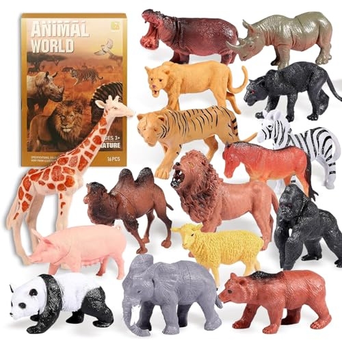 Safari Animals Figures Toys, Realistic Jumbo Wild Zoo Forest Figurines Plastic African Jungle Animals Playset for Kids Toddlers, 16Piece Gift Set