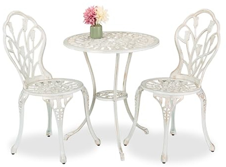 Relaxdays Set da Bistrot da 3, Tavolino da Giardino, 2 Sedie da Balcone, in Alluminio Stile Ferro Battuto, BiancoBronzo