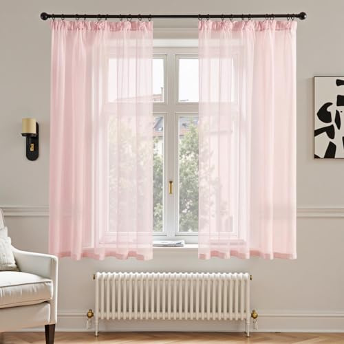 TOPICK Net Curtains for Windows 54 Inch Drop, Sheer Curtains Pink Short Voile Curtain 2 Panels for Bedroom, Lightweight Short Privacy Curtains for Living Room, Kitchen, 55W x 54L Inches