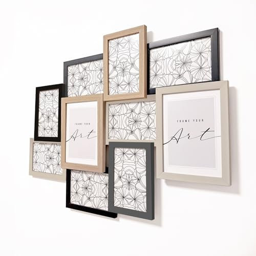 KNOR Bilderrahmen-Collage, Collage-Rahmen, Fotocollage Wanddekoration, Bilderrahmen 10x15, 13x18 (Schwarz,Sonoma-Eiche, Beige, 10 Fotos 8x 10×15, 2x 13×18 cm)