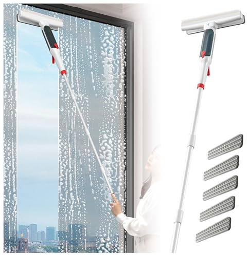 RRRYYYZZ 75'' Spray Window Squeegee for Home with 4-Section Extension Pole, 4 in 1 Window Cleaner Squeegee Glass Squeegee with Sewage Collector and 5 Pads