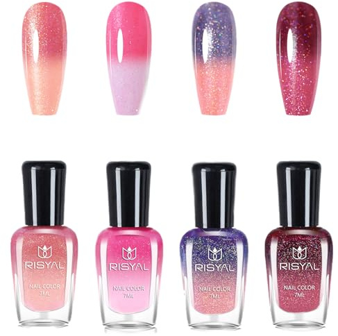 Temperature Colour Changing Nail Polish Set - Quick Drying & Long-Lasting Breathable Nail Polish Set - Chip Resistant Pink Purple Glitter Colour Changing Nail Varnish No Need Cure for Women