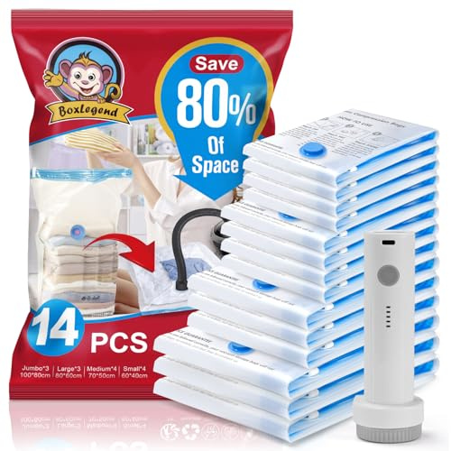 BoxLegend Sacchetti Sottovuoto, 14 Pezzi, 3XL+ 3L+ 4M+ 4S Sacchetti Sottovuoto da Viaggio Sottovuoto, Riutilizzabili, per Vestiti, Copriletti, Biancheria da Letto, Cuscini, 1 Pompa USB