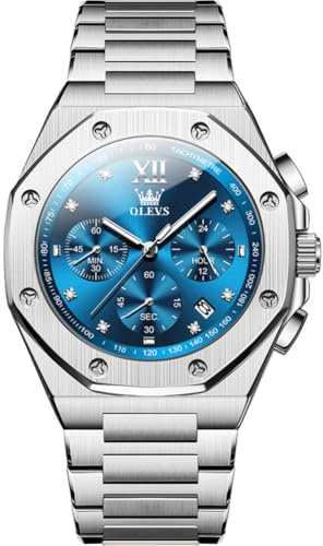 OLEVS Mens Watches, Big Face Analog Quartz Watches for Mens, Luxury Diamond Stainless Steel Men's Watch, Waterproof Luminous Date Large Men's Wristwatch