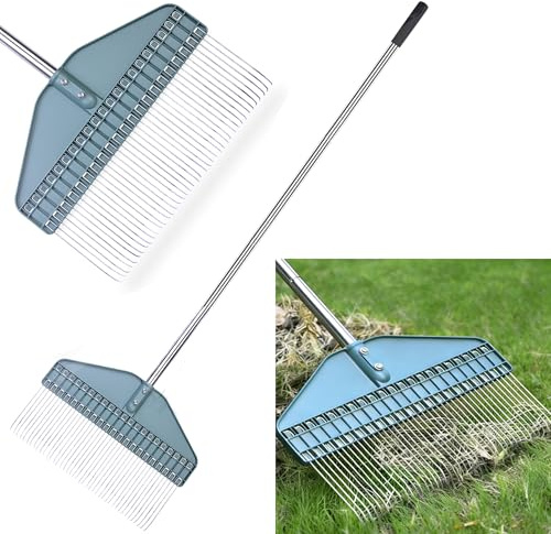 YEELOR Rastrello Thatcher, rastrello per foglie, rastrello da giardino con testa da 43,2 cm, manico in acciaio inox da 167,6 cm, per cortile, prato, arbusto, aiuole, pollame