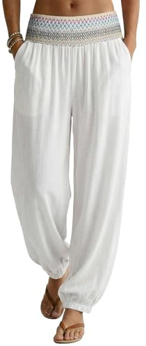 Dokotoo Womens Summer Smocked Waist Harem Vacation Outufit Resort Cruise Pants Boho Flowy Travel Wide Leg Yoga Pants Lightweight Spring Texture Ladies Trousers Fashion Palazzo with Pockets White