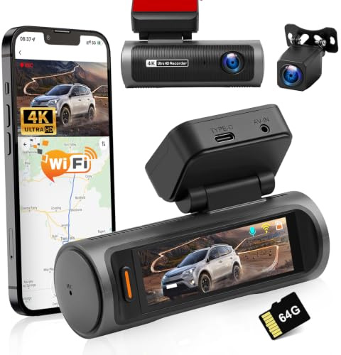 Dashcam 4K fram och bak, dubbelkanals instrumentpanelskamera med 64 GB SD-kort, 3,2 tum IPS-pekskärm, vidvinkel, IR 8 mörkerseende, G-sensor, med WiFi och loopinspelning