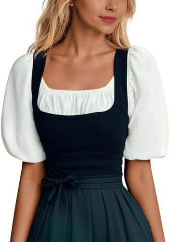 Blusa Dirndl Donna Pizzo Bianco Maniche a Palloncino Scollo Dritto Bavarese Elegante Tradizionale Mieder Bottoni per Oktoberfest e Carnevale