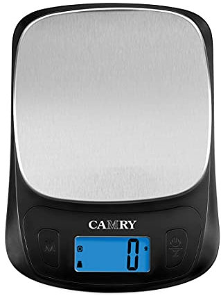 CAMRY Bilancia da Cucina Ultra Sottile Bilancia Digitale per Alimenti per Cottura al Forno Tara e Display LCD retroilluminato capacità 5 kg - Nero/Acciaio Inossidabile