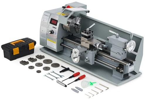 CREWORKS Mini Torno de Metal 210x400mm 750W con Pantalla Digital Torno para Metal de Sobremesa con Velocidad 2500RPM Torno de Metal para Torneado de Metales (210X400MM)