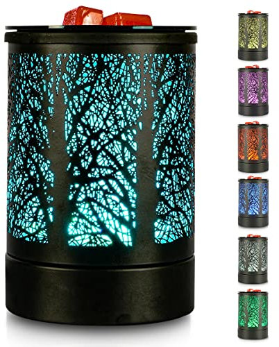 Inrorans Electric Wax Melt Warmer Black metal Oil Burner lamp Fragrance Scented Melter with 7 Colors LED Changing Light Replacement Silicone Tray for living home (Tree Pattern)