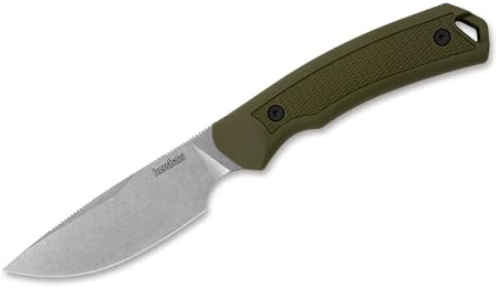 Kershaw Deschutes Skinner Fixed Blade Knife, Olive Design, 3.9 Inch D2 Steel Fixed Drop Point Blade, Full Tang Design, EDC, Molded Sheath, Everyday Carry Knife for Men and Women