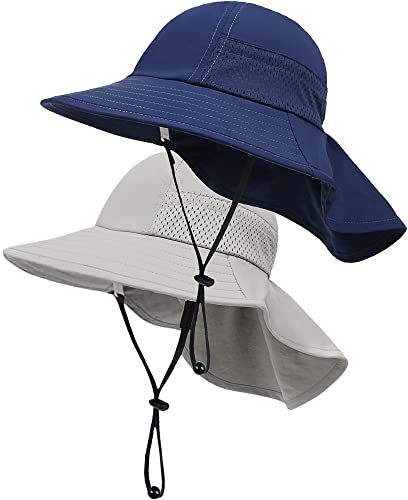 2-Pack Toddler Baby Sun Hat Summer UPF 50+ Protection for Boys Girls Kids Adjustable Beach Hats with Bucket Wide Brim Age 1-7 Years Outdoor(Medium,Grey + Navy)