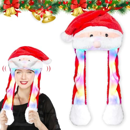 Udbrud Gorro de Navidad de Peluche Mueve Orejas, Gorro de Navidad de Peluche Unisex Sombreros Rojos de Navidad con Barba en Movimiento Divertido Sombrero on Luces para Juegos de rol