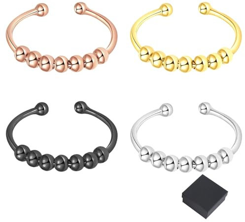 DGUSO 4 Stück Anti-Stress Ring Verstellbar für Frauen und Damen Mit Perlen, Offener Spinner Ring, Schwarze Geschenkbox - Stahlfarbe, Schwarz, Gold, Roségold