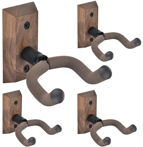 DOMMI Guitar Wall Mount 4 Pack, Guitar Holder with Rotatable Soft Guitar Hook for All Size Guitars, Hardwood U-Shaped Guitar Hanger Wall Mount for Acoustic, Electric Guitar, Bass, Black Walnut