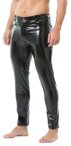 YUFEIDA Men's Leather Trousers Classic Wetlook Solid PU Leather Pants Zipper Pockets Slim Fit Pencil Pants Hot Legging Trousers for Motorcycle Cosplay Dance Stage Casual