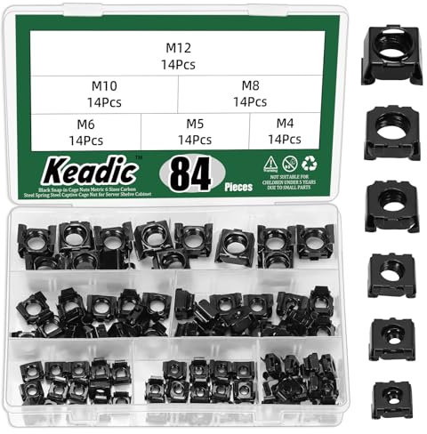 Keadic 84Pcs Black Snap-in Cage Nuts, M4 M5 M6 M8 M10 M12 Cage Nuts Carbon Steel Cage Nuts Black Zinc Square Cage Nut for Rack Mount Server Cabinet