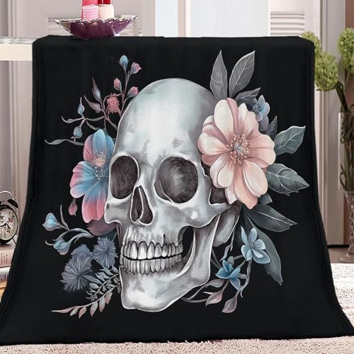 Decke Bedruckte Kuscheldecke Exquisiter Totenkopf Blumen Decke Flauschig Weich Flanell Fleecedecke, Junge Kuscheldecke 180 x 220 cm Flauschige Decke Geschenke für Jungs Sherpa Decke Grau