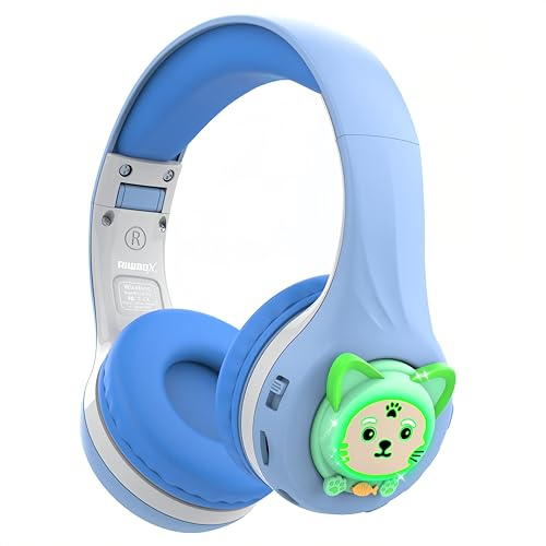 Riwbox Kids Bluetooth Headphones, CB-7S LED Light Up Bluetooth Wireless Headphones with Mic and Safe Volume Control for Travel/School/Laptop/PC/TV (Blue&Grey)
