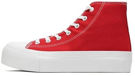 Women's Fashion Platform Trainers Ladies High Top Canvas Shoes Classic Platform Lace Up Sneakers Pumps Plimsolls Outdoor Sport Tennis Running Walking Shoes Breathable Red