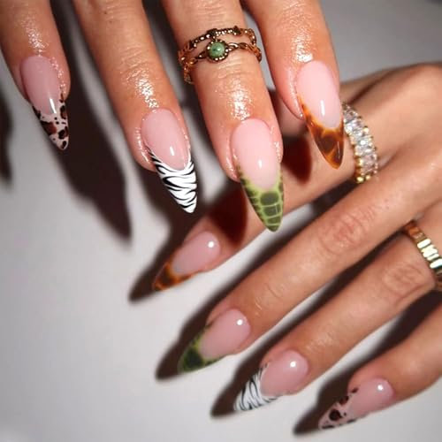 LunarCharm 24 pièces ongles French Tip amande artificiels avec motifs animaliers léopard-zèbre-tortue ongles acryliques
