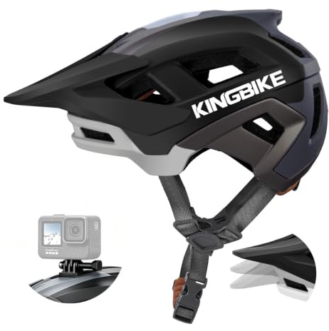 KINGBIKE Casco de bicicleta de montaña para adultos y hombres, casco profesional de montaña para mujer con soporte de cámara de acción y visera de 3 niveles, certificado NTA-8776 E-Bike (negro gris, L