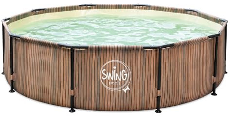 HAF® Swing Metal Frame Pool mit den Maßen 366 x 91 cm + Skimmer | Natürliche braune Holz-Optik | ca. 8.300 L Wasserkapazität | Hochwertiger Swimming Pool | Gartenpool/Aufstellpool ohne Filterpumpe