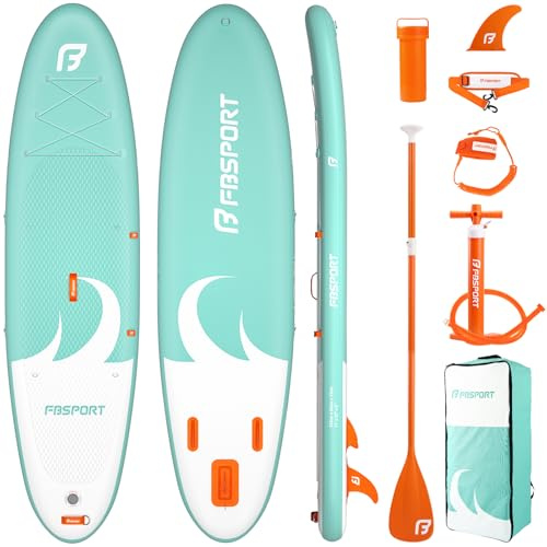 FBSPORT 11' Premium Stand Up Paddle Board, Yoga Board with SUP Accessories & Carry Bag | Wide Stance, Surf Control, Non-Slip Deck, Leash, Paddle and Pump for Youth & Adult (Orange Green)