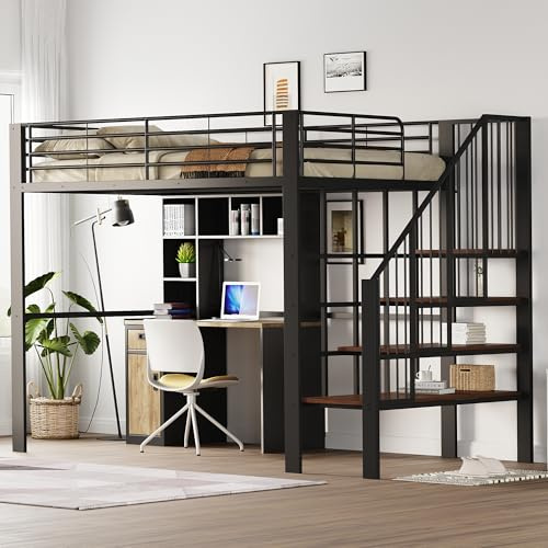 Lcoho Hochbett (140 x 200cm) Stabile Metallkonstruktion mit geräumigem Stauraum unter dem Bett und Treppe Ideal für Kinder und Erwachsene Stauraumbett für maximale Platzeffizienz (Black)