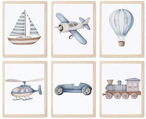 Set di 6 stampe artistiche da parete per bambini e bambini, con stampe su tela, blu, treno, aereo, barca, mongolfiera, decorazione da parete per bambini, pittura ad acquerello, 30,5 x 40,6 cm, senza