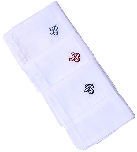 Hell Blues Fazzoletto con iniziali da uomo, set da 3 pezzi con ricamo monogrammato, 100% cotone, B, 9.5 x 9.5 inch