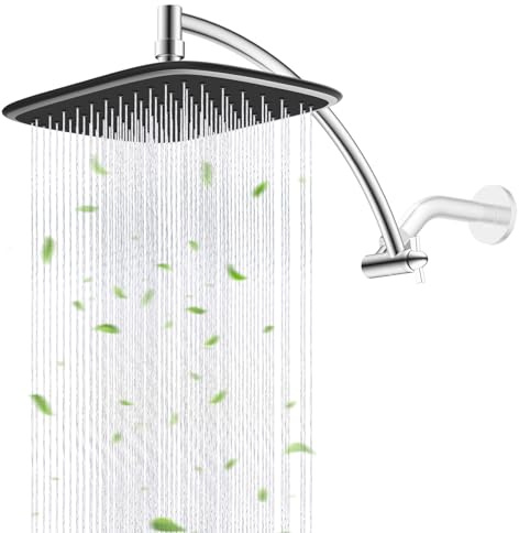 Rain Shower Head with 12 Shower Head Extension Arm, 10 High Pressure Boosting Rainfall/Fixed Showerhead, Metal Shower Head Extender Adjustable Height/Angle, 1-Min Installation, Easy Clean, Chrome