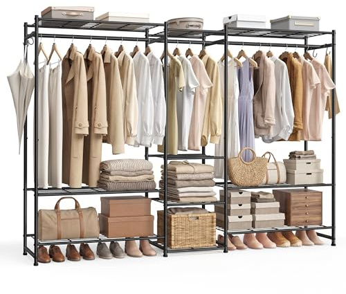 SONGMICS Kleiderständer, offener Kleiderschrank, Garderobenständer mit 10 Ablagen, 3 Kleiderstangen, 4 S-Haken, Metallrahmenm, für Schlafzimmer, Wohnzimmer, Eingangsbereich,schwarz LGR011BZ01