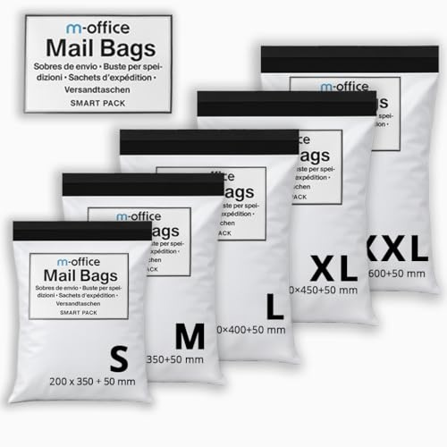 M-office Sacs Expédition Autocollants 25 pcs Mix 5 Tailles (S à XXL) Sacs d’expédition imperméables autocollants robustes pour vêtements, colis et boutiques en ligne