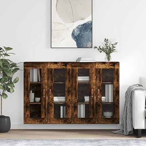 Teenpull Smoking Wall Cabinets, Set of 2, 69.5 x 34 x 90 cm, Wood Material with Glass Doors, Versatile as Sideboard Attachment, for Living Room, Dining Room