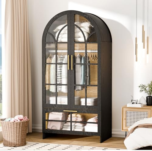 Topcomfy Armoire Wardrobe Closet with Drawer, 71”Tall Arched Wardrobe Cabinet with Hanging Rod&Glass Door – Wooden Freestanding Clothing Storage Cabinet Closet Organizer for Bedroom, Entryway or Dorm