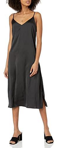 The Drop Ana Vestido de estilo lencero de largo medio y efecto de seda con cuello de pico Mujer, Negro, M