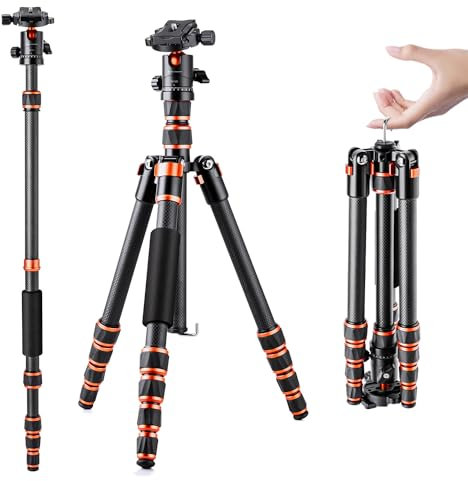 K&F CONCEPT 152cm Carbon Stativ, Leichtes Tripod, Flexibles Kamera Stativ mit 360° Kugelkopf, 1/4'' Gewinde, Tragtasche für DSLR Camera A225C0+BH-25L