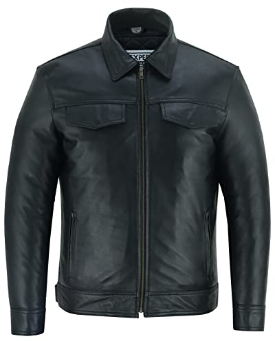Texpeed Veste chemise en cuir décontractée pour hommes - Toucher doux authentique Peau de mouton Motard Cuir de style moto - Toutes les tailles