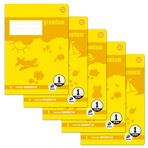 Staufen Premium Schulheft - DIN A4, Lineatur 1 (5/5/5mm liniert, farbig), 16 Blatt, 90g/m² Premium Papier, 3 verschiedene Motive (keine Auswahl möglich), 5 Stück