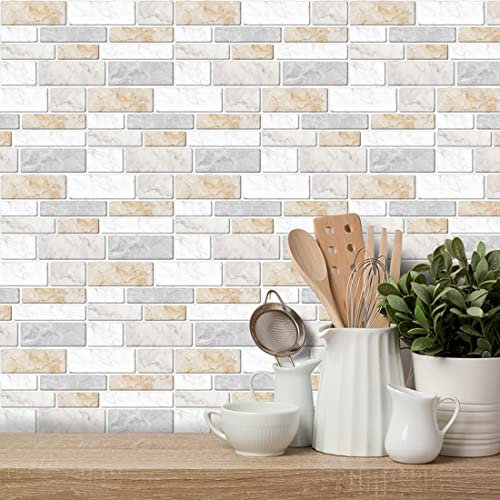 9 Stück Küche Wohnzimmer Badzimmer Fliesenaufkleber Klebefolie, 3D Wandaufkleber Fliesendekor Selbstklebende,Wasserdicht Steinwandoptik DIY Fliesen, 1 Stück 20x10cm (Creme farben, 9)