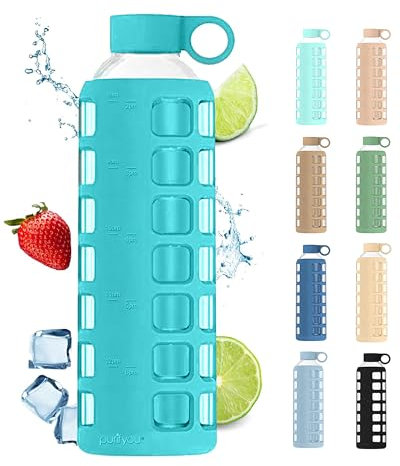 purifyou 40oz / 32oz / 22oz / 12oz Borosilicate Glass Water Bottle with Time & Volume Markers, Silicone Sleeve, Stainless Steel Lid | Reusable Glass Bottle for Water & Juice (32oz Aqua Blue)