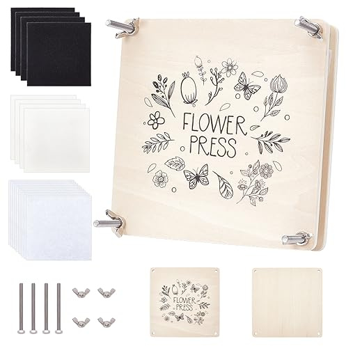 Benecreat Kit di pressa per fiori grandi 18 x 18 cm 4 strati, kit di stampa per foglie di legno quadrato, fai da te, arte di fiori secchi, conservazione delle piante