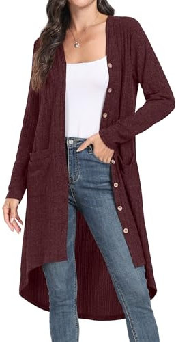 GRECERELLE Strickjacke Damen Lange Leichte mit Knöpfen und V Ausschnitt und sommerliche Cardigan Jacke (Weinrot, L)